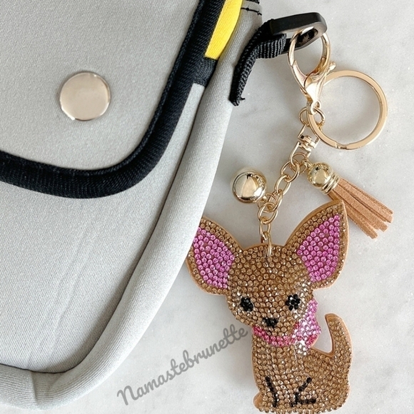 Chihuahua Dog Crystal Rhinestone Keychain Bag Charm With Tan Tassel - Picture 7 of 17